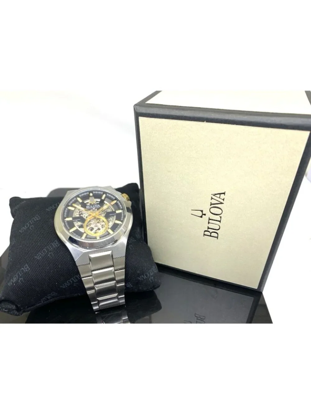 Bulova Maquina Mens Watch 98A224 Automatic Black Skeleton Dial Silver Steel 46mm